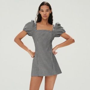 Zara Gingham Mini Dress with Puff Sleeves and Lace-Up Back